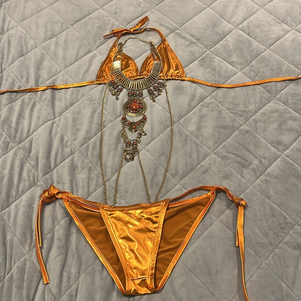 NWOT. Shiny & sexy copper string bikini, with body necklace for fun! - Picture 4 of 7